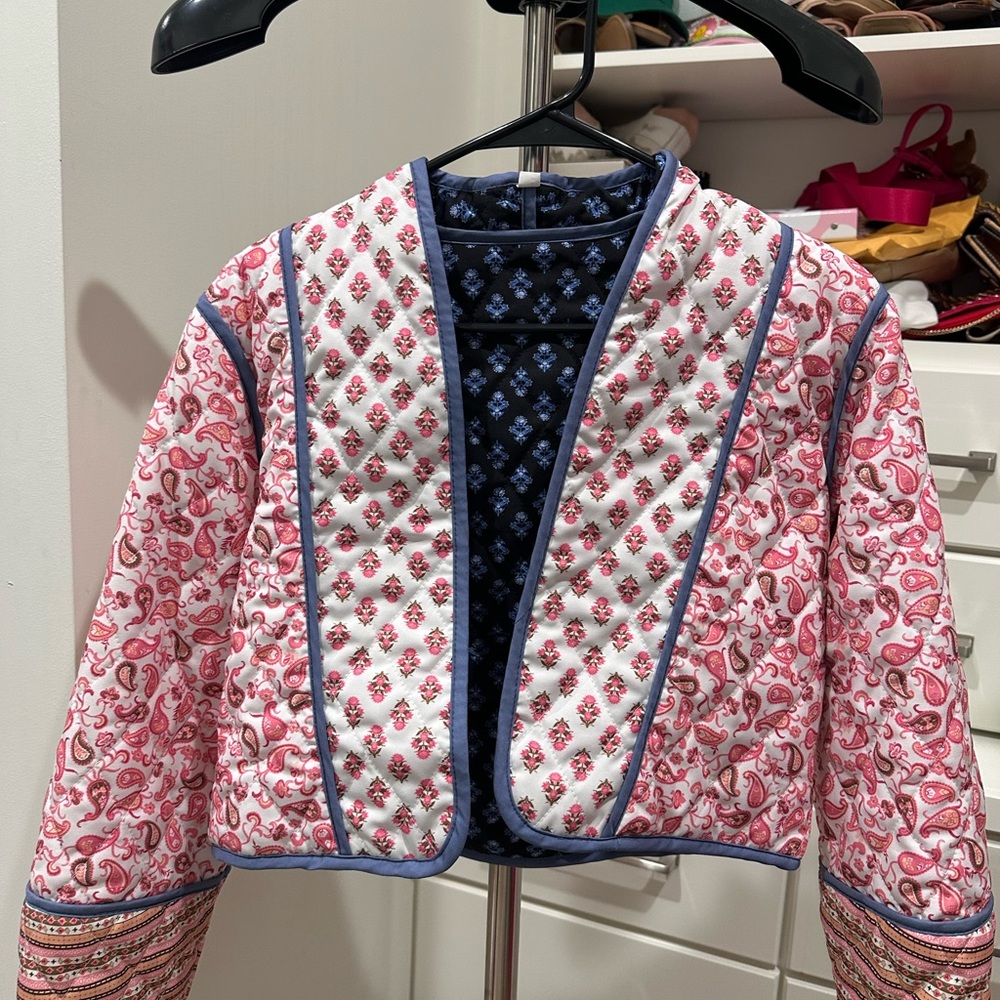 Amazon Women's Pink and White Patterned Bomber Jacket